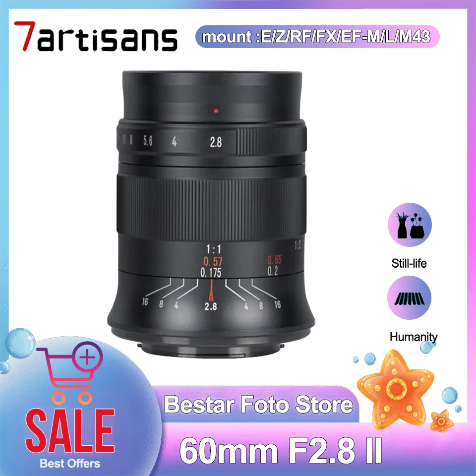 

7artisans 60mm F2.8 II MF Camera Photography Ultra Macro Lens for Sony E/Fuji FX/Olympus/Canon EOS-M/Nikon Z/Canon RF Mount