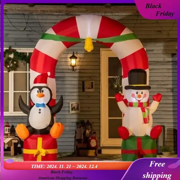 9.8ft Kerst Opblaasbare Boog Outdoor Decoraties Verlichte Snoep Riet Boog met Pinguïn Sneeuwpop Zitten op Geschenkdoos