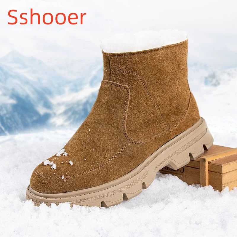 

Fashion Cowhide Boots Warm Wool Winter Boot Snow Hiking Walk Work Outdoor Shoes Men's Business Botas Waterproof Anti-skid Shoe