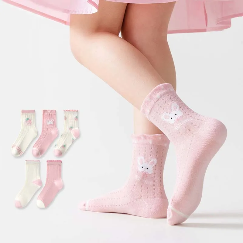 RAISE 5Pairs Kids Girls Mesh Socks Summer Jacquard Children Girls Socks Spliced Infant Babys Girls Mid Tube Socks 1-15Yrs Socks