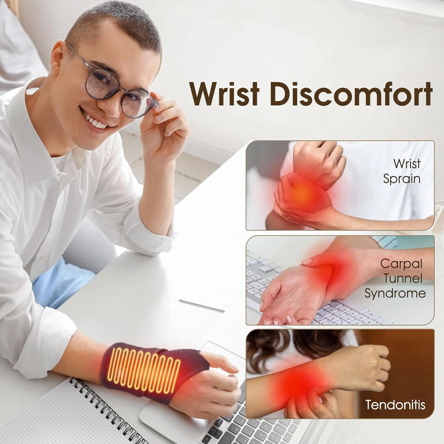 كم دعم المعصم ساخن كهربائيًا، حزام أسود قابل للتعديل وجيد التهوية، شحن USB، جهاز تدفئة محمول، حماية مفصل اليد في الشتاء