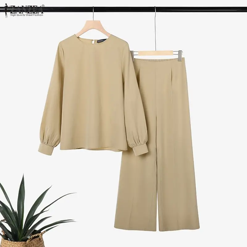 

2026 ZANZEA Spring Women 2 Pieces Sets Fashion Casual O Neck Long Sleeve Tops Pant Sets Elegant Solid OL Work Outfits Tracksuit