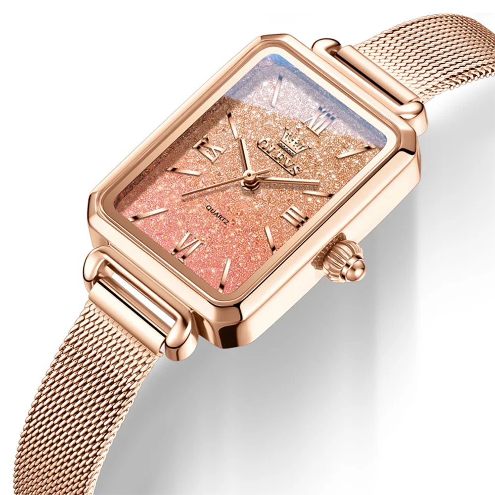 OLEVS Women Quartz Watch Rose Gold Mesh Strap Square Wristwatch Gradient Glitter Starry Dial Waterproof Luxury Ladies Clock