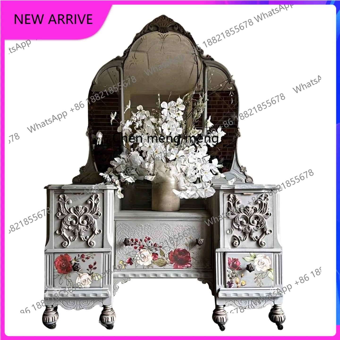 

French retro carved solid wood painted dresser small apartment household bedroom makeup table A