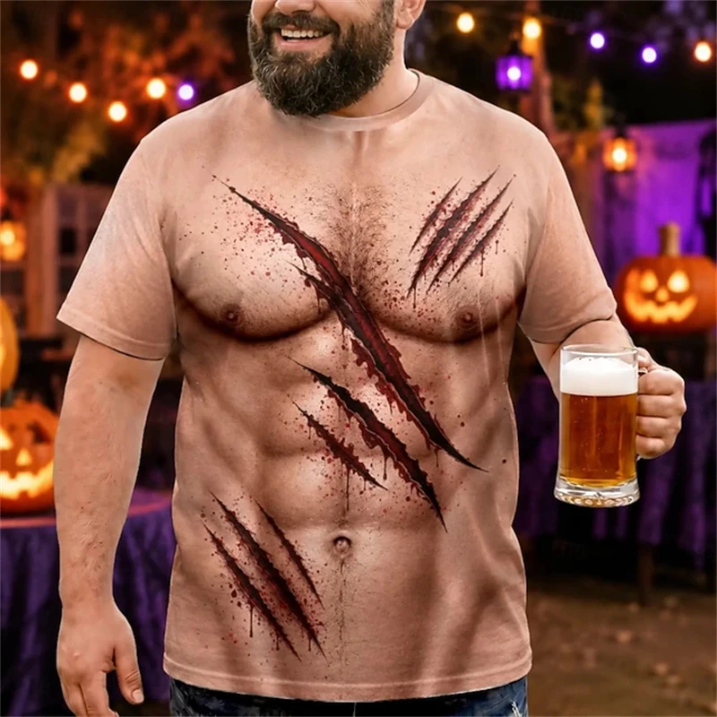 Men's Halloween Short-Sleeve T-Shirt Funny Fake Muscle T-Shirt Fashionable Casual Sports T-Shirt Streetwear Loose-Fitting Top