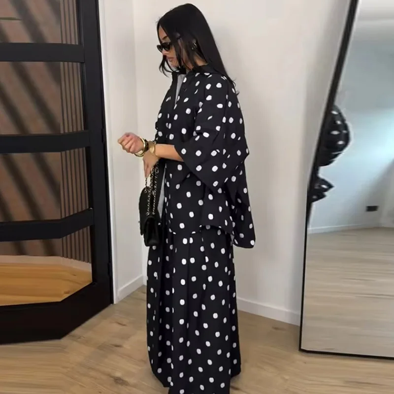 2026 Autumn Fashion Polka Dot Shirt Pants Set Elegant Lapel Three Quarter Top Wide Leg Trousers Vacation Lady Outfit Suit view 3