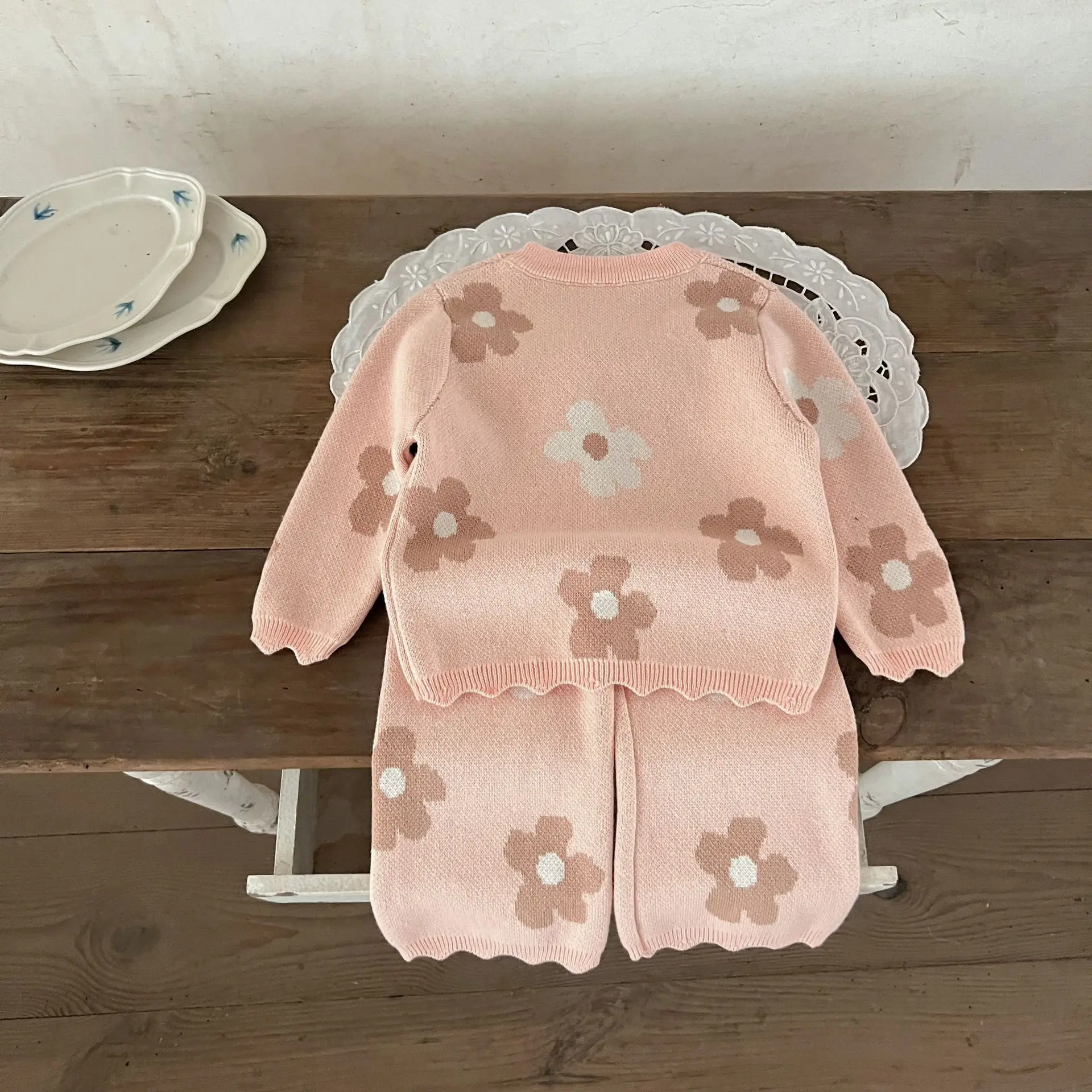 Ins Autumn Baby Girl 2PCS Clothes Set Cotton Flower Infant Girls Sweater Outfits Toddler Girl Outwear Loose Wide Leg Pants Suits