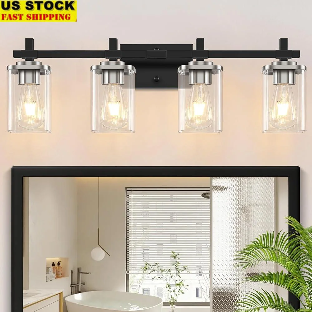 

4-Light Black Brushed Nickel Vanity Lights Clear Glass Shades Wall Mount Fixture Bathroom Mirror Living Room Corridor