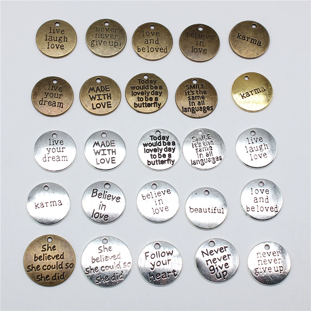 10szt Okrągła Tabliczka Inspire Live Laugh Love Live Your Dream Never Give Up Karma Charms For Jewelry Making Diy Crafts Making
