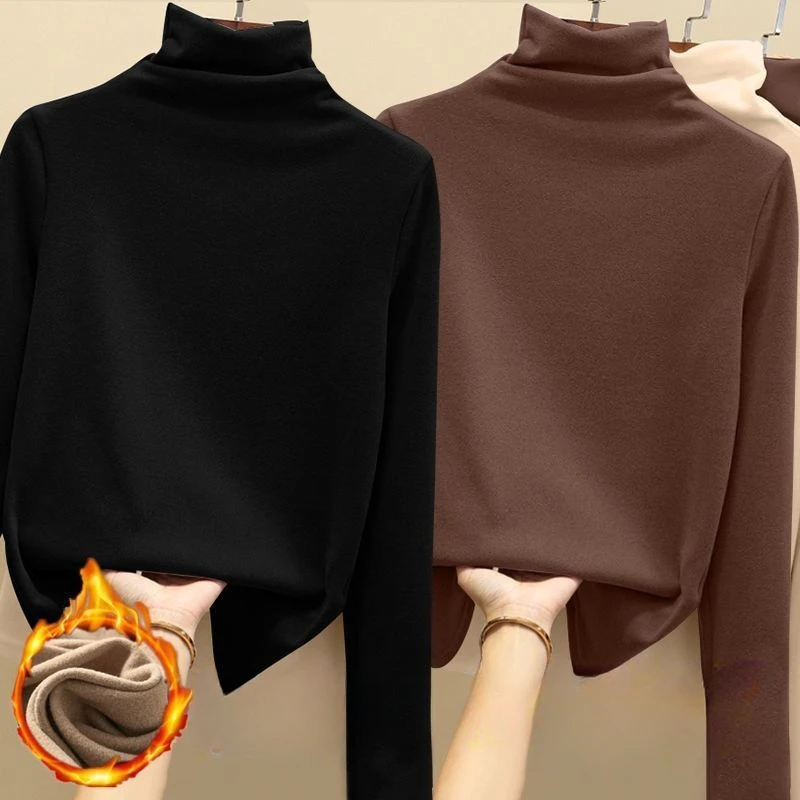 Golf Wear Luxury Clothing Thermal Fleece Undershirt Women\'s Turtleneck Solid Casual Thickened T-Shirt Classic Winter Warm Top