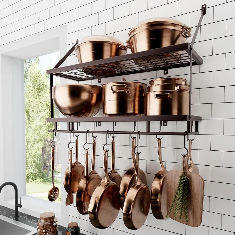 

30-Inch Oiled Bronze Pot Rack Wall Mounted, 2-Tier Hanging Pot and Pan Organizer with 12 Sturdy Hooks, Kitchen
