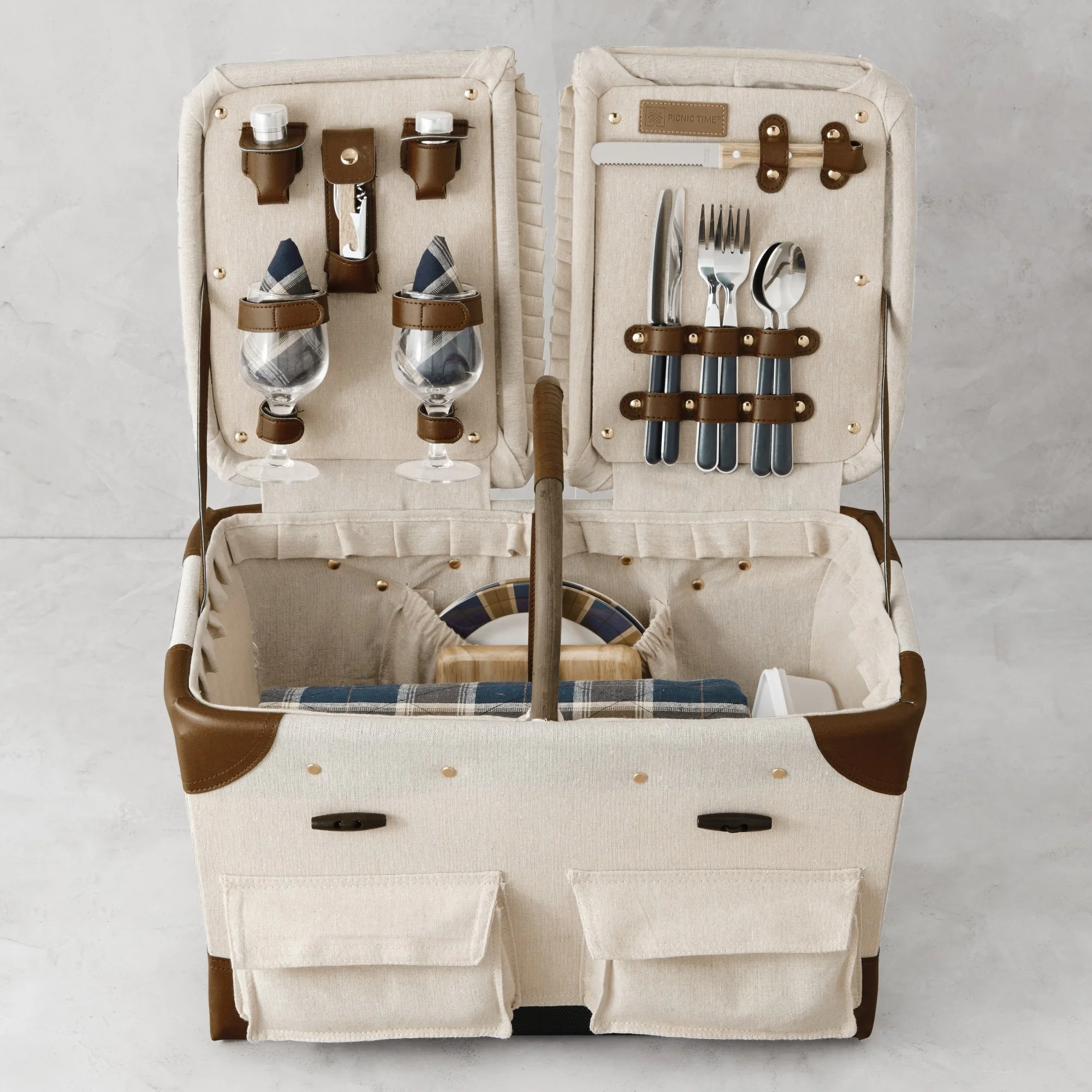 Vintage Canvas Wicker Leather Picnic Basket Set With Linen, Wine Cups, Cheese Utensils & Tableware For Outdoor Camping