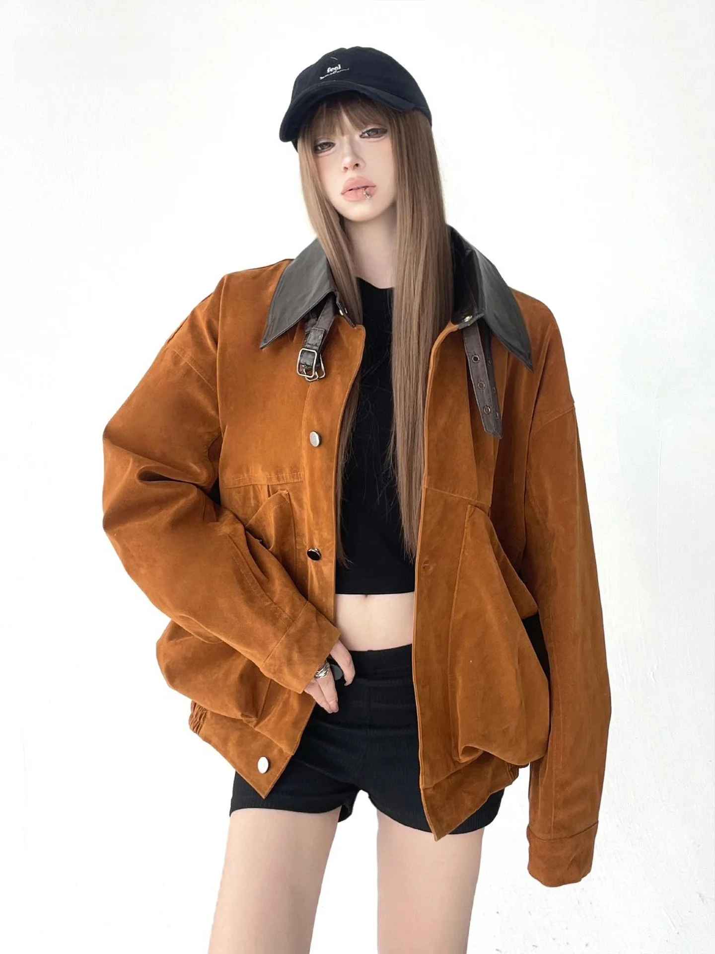 

Thiened Fce Lined Suede Work Jaet Coat Women's Winter New Sle Warm Top Button Closure ort Length Vintage Sle