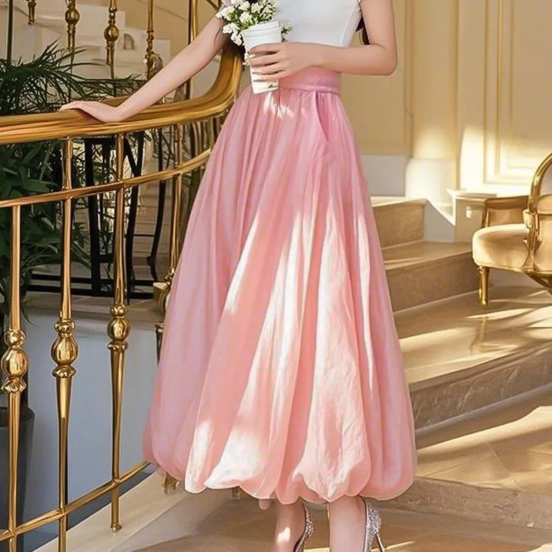 2025 New Spring Summer Fashion Black White Long Skirts For Woman Korean Style Clothing Elastic High Waist A-Line Skirt Mujer