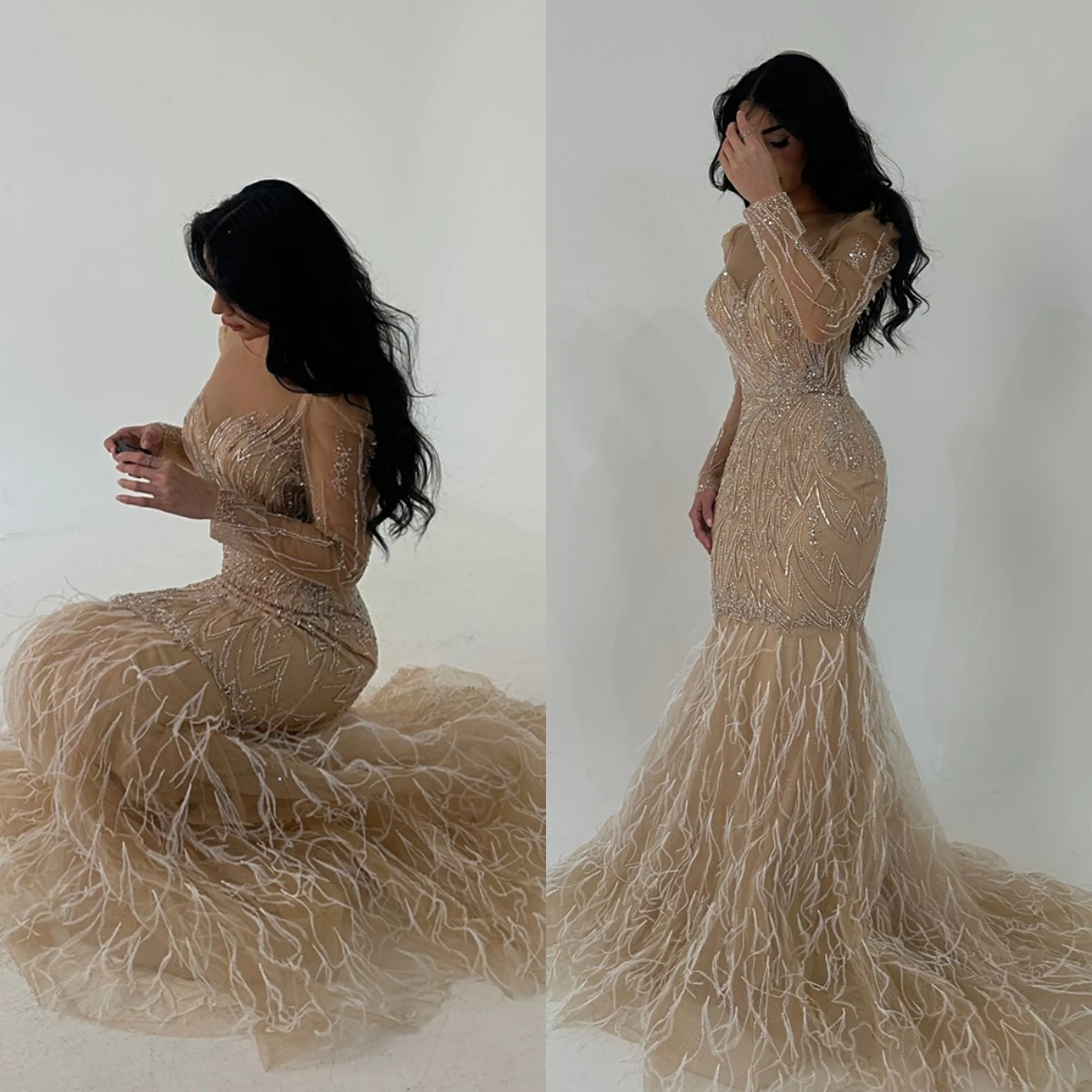 Vestido de noche elegante personalizado con cuello redondo y exquisitos vestidos de cóctel con cola de corte y exquisito vestido de novia de organza