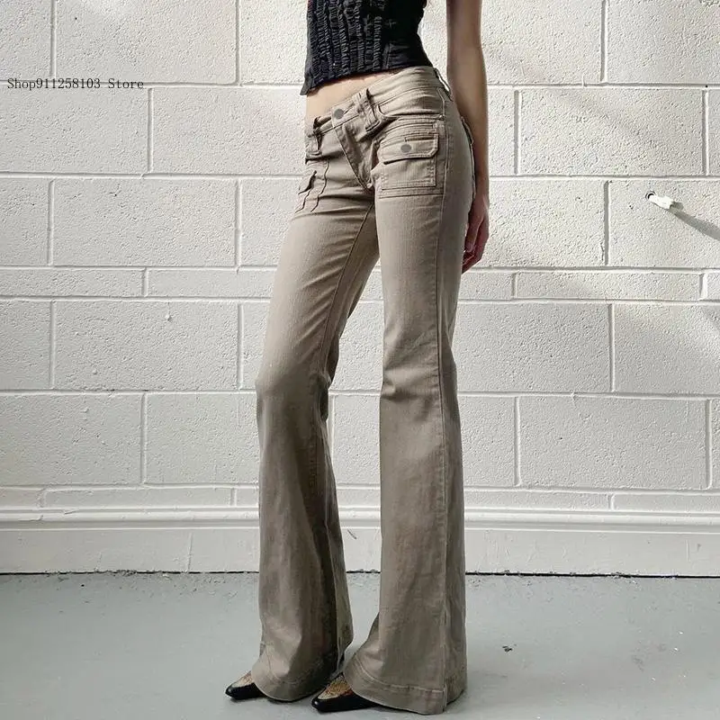 Retro Pocket Patchwork Fitting Micro-Flared Jeans for Women Casual Streetwear Vintage Grey Low Rise Denim Pants