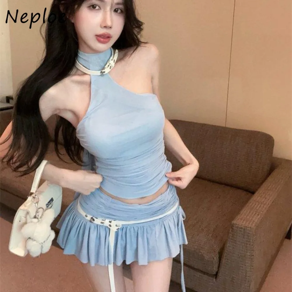 

Neploe Salt Style Fresh Sweet Pure Desire Suit Vest Off Shoulder Halter Ruched Lace Up Patchwork Skirt Slim Spice Girls Skirts