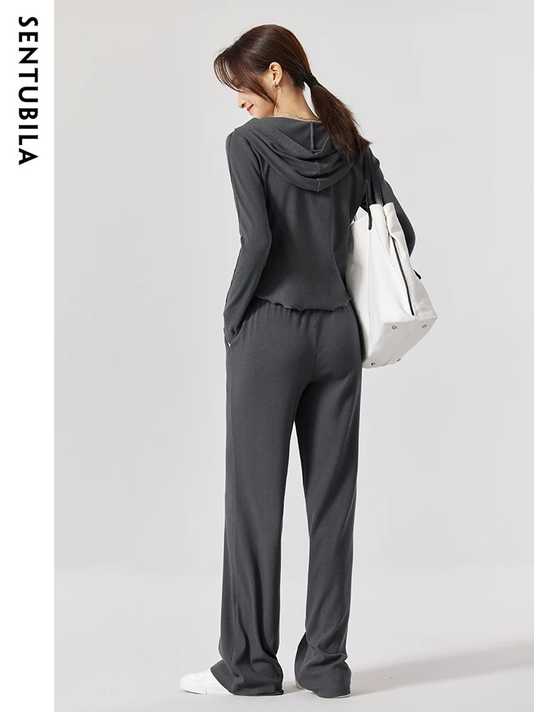 SENTUBILA Autumn Casual Sports Pant Sets for Women 2 Pieces 2024 New Tracksuit Pleated Hoodie Top Wide Leg Trousers 131Z47201