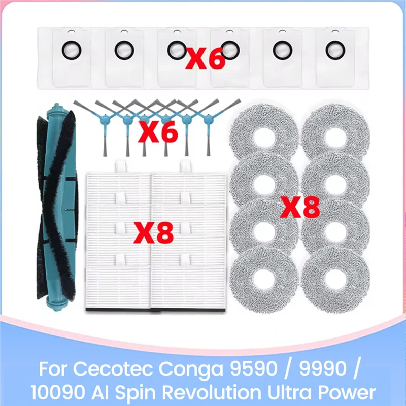

A78E-For Cecotec Conga 9590/9990/10090 AI Spin Revolution Ultra Power Accessories Kit Brush HEPA Filter Mop Cloth Dust Bag