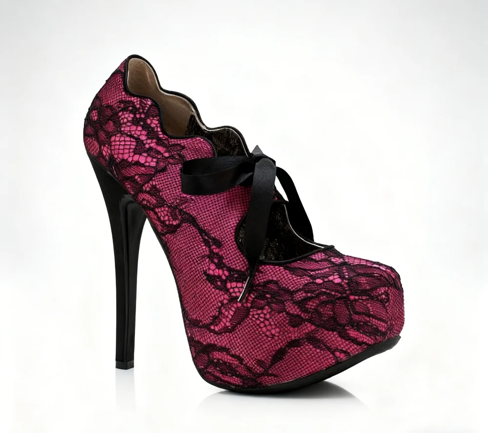Custom Lace Round-Toe Platform Pumps Black Satin Bows Lace Trim Openwork Design Elegant Stiletto Lady Heels for Vintage Looks