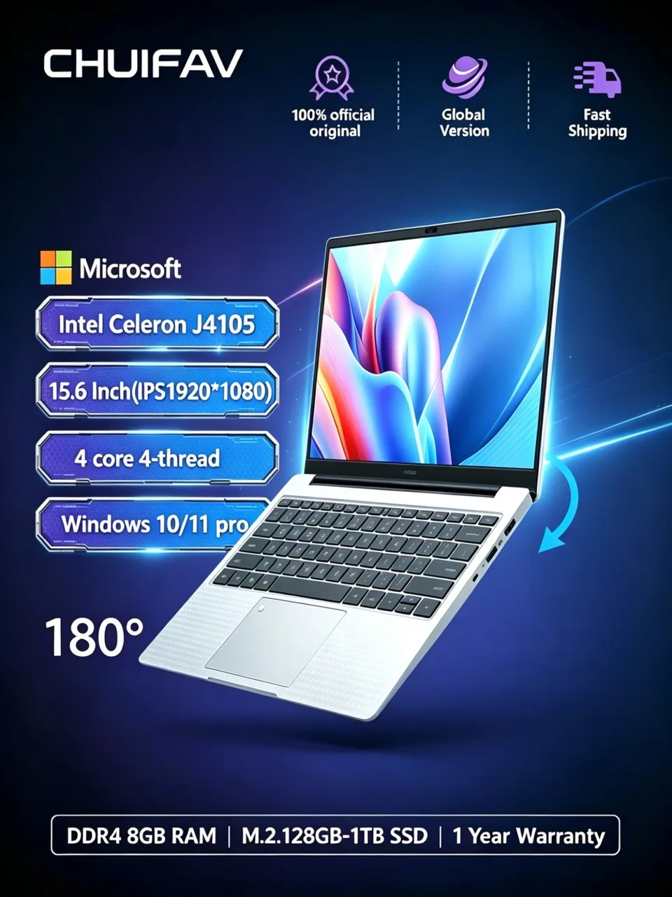 15.6" Laptop Quad-Core 4-Thread Processor 8GB RAM HD Intel Celeron J4105 Display Business Office Student Notebook Computer