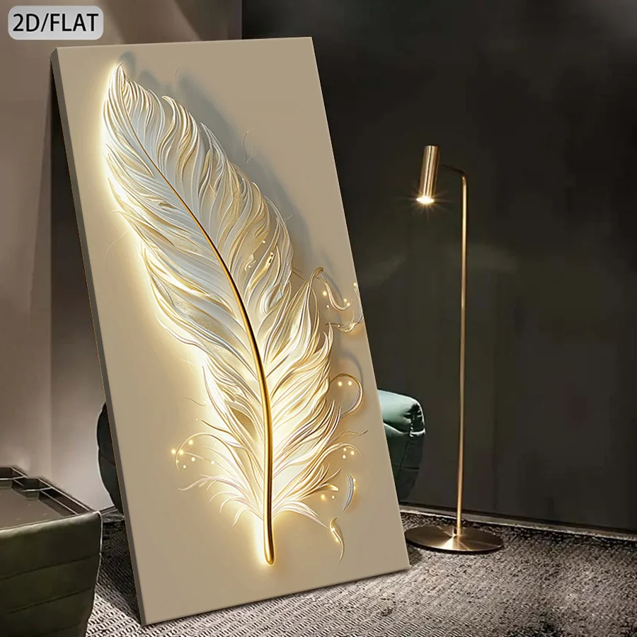 2D Flat, 2D/FLAT Home Wall Decor, Feather Decoration Painting, Golden Tone, Modern Minimalist Style, Elegant and Atmospheric, 20