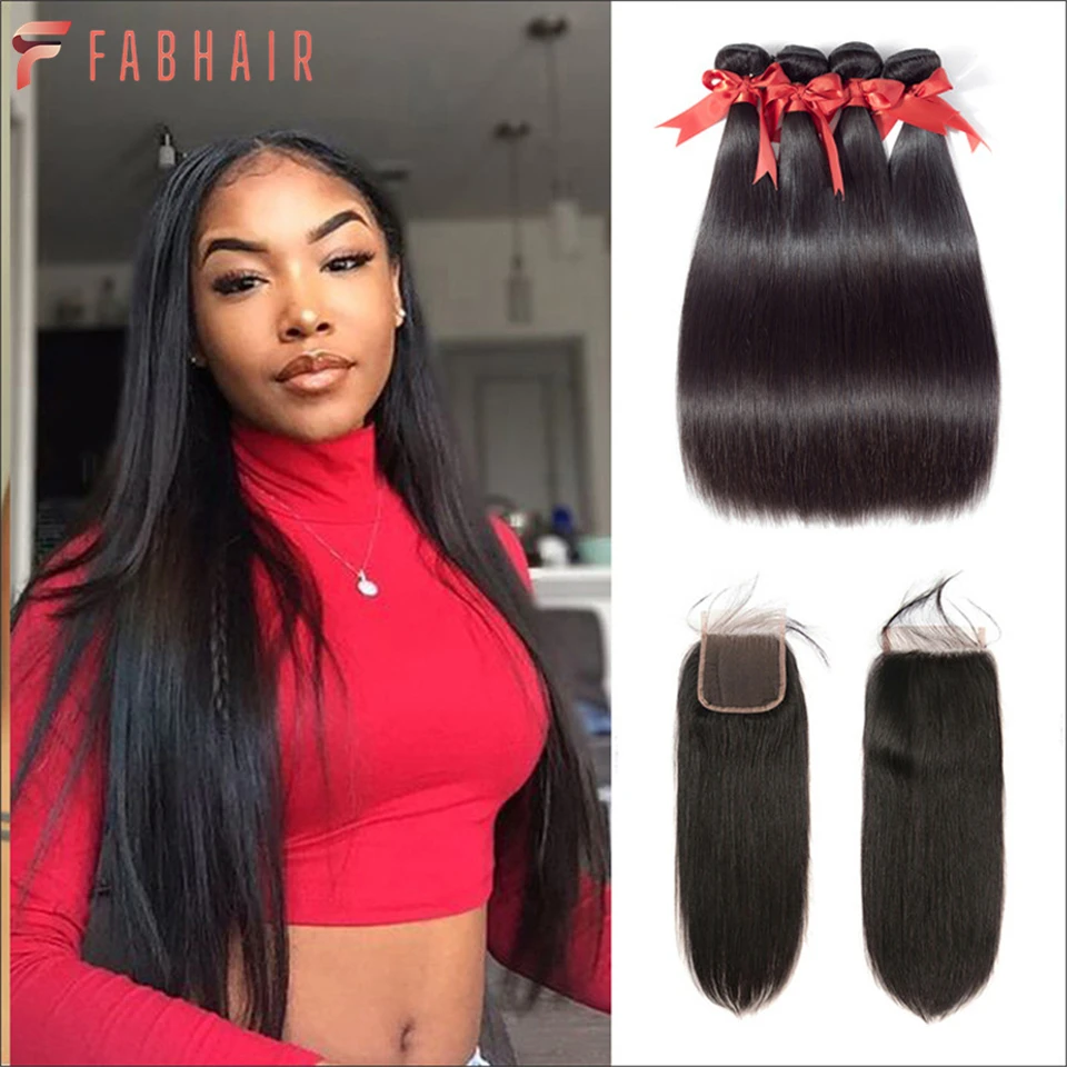 

FABHAIR 3/4+1 Silky Straight Bundles with Closure Short Brazilian Human Hair Weave Bundles with Closures Nature Black Hair