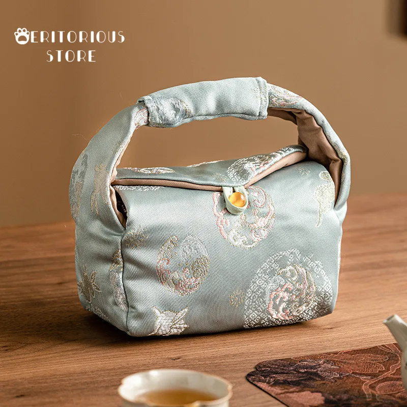 Brocade Rabbit Teacup Bag Small Handbag Tea Cozy Travel Set Storage Bags Handmade Embroidery Portable Tea Ceremony Bag Camping