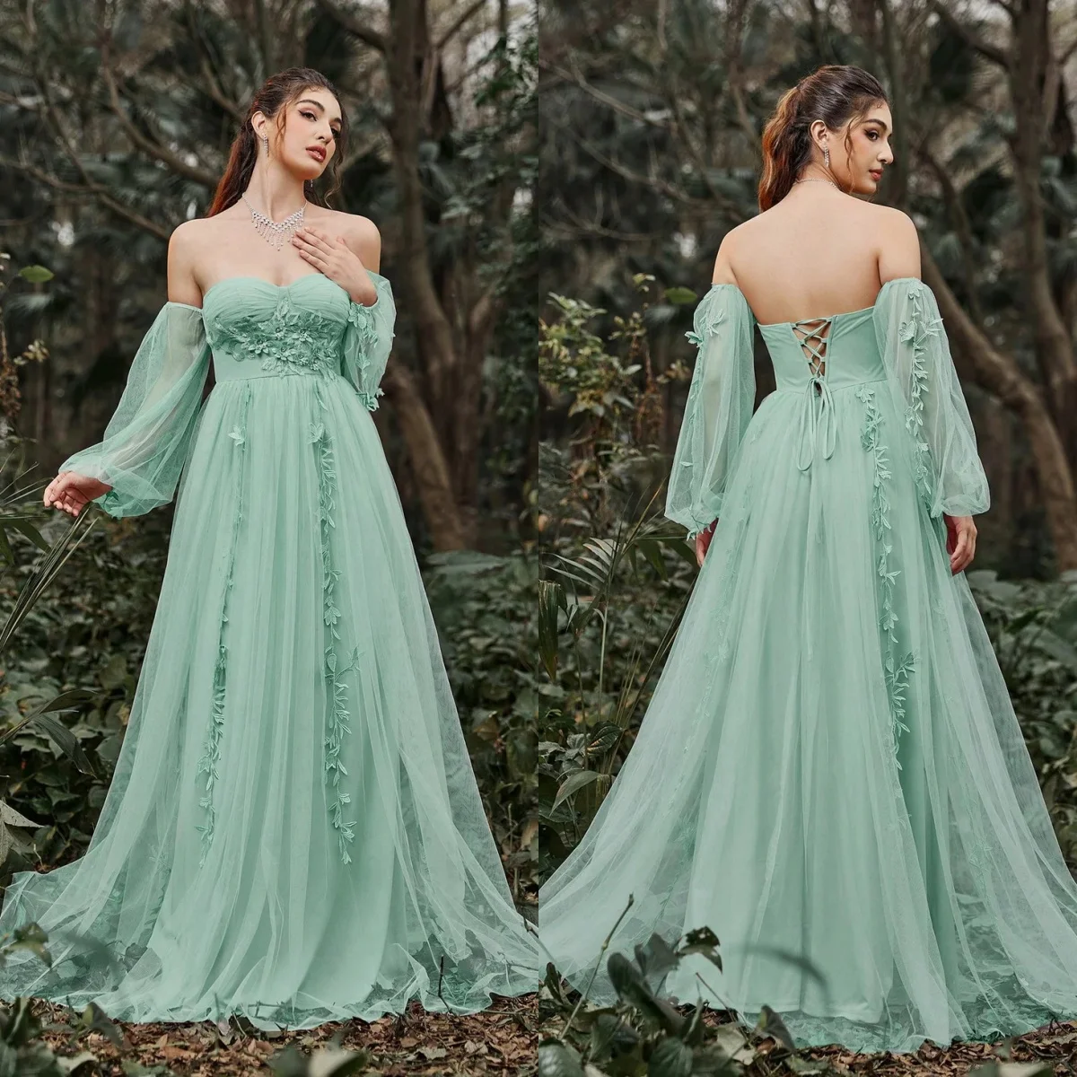 Elegant A Line Prom Dresses Off Shoulder Floral Appliques Women Evening Gowns Long Sleeeves Homecoming Girls Maxi Dresses