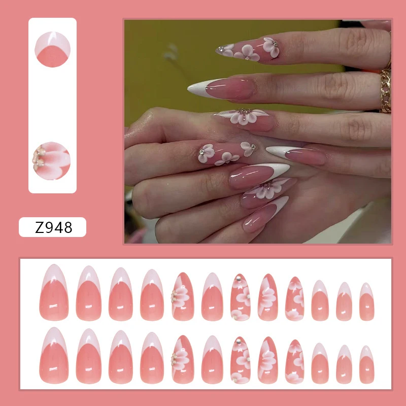 24 Uds Halo flor francesa uñas postizas usable impermeable prensa en Nail Art cobertura completa falso creativo DIY accesorio de uñas