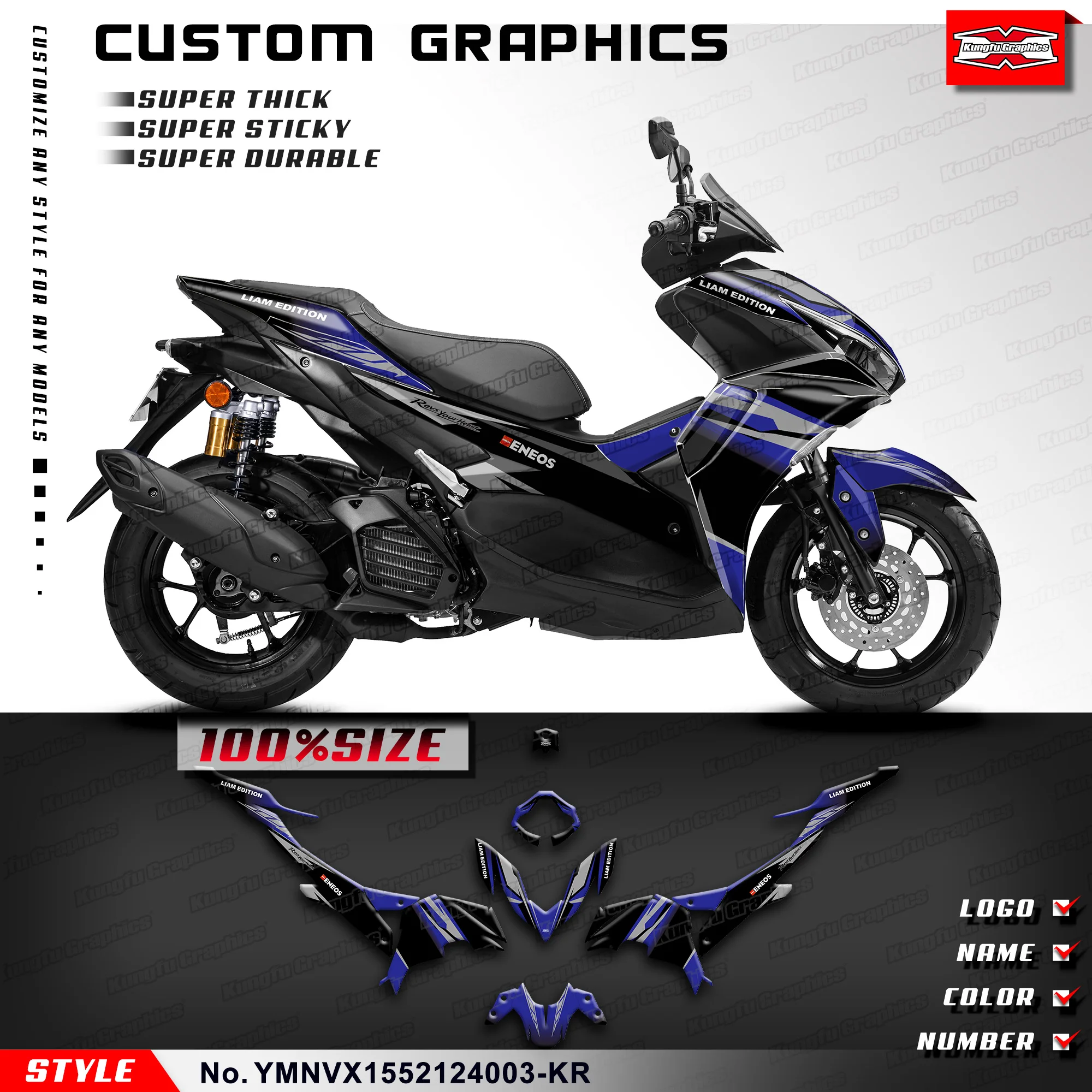 KUNGFU GRAPHICS Restyle PVC Stickers Vinyl Wrap Kit Decals for Yamaha NVX AEROX 155 2021 2022 2023 2024, Blue