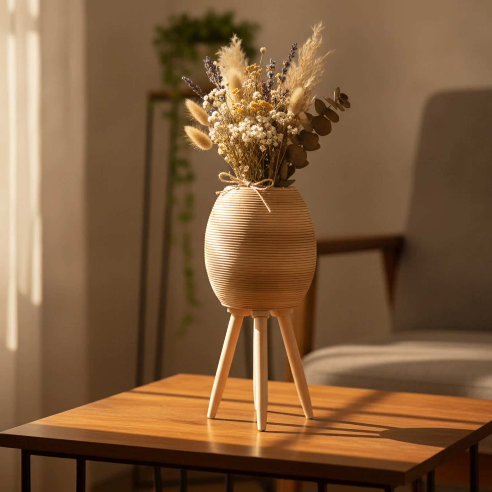 Rattan Planter Stand Indoor Planter with Legs Tripod Plant Holder Woven Plant Basket with Legs Ribbed for Living Room, Balcony