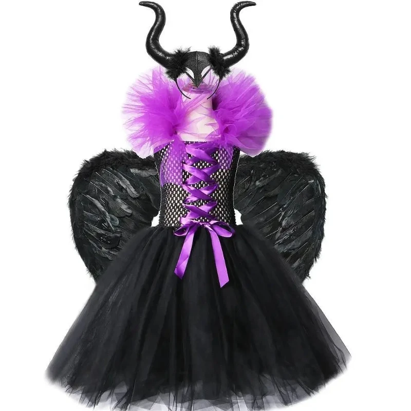 Evil Queen Children's Dress Ballet Puff Skirt Long-Length Children's Halloween Costume with Antlers and Wings Carnival Attire