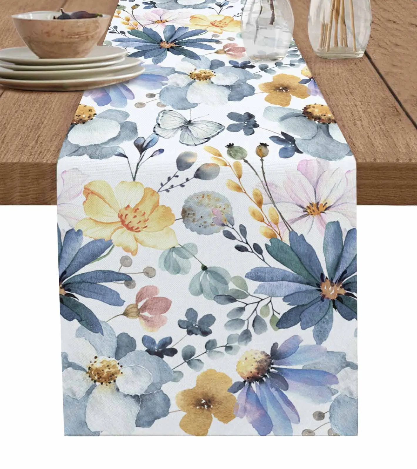 Summer Pastoral Style Plants Wildflowers Table Runner Cotton Linen Wedding Table Decor Tablecloth Kitchen Decor Table Runner