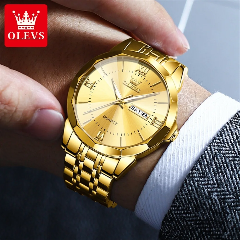 OLEVS 9989 Brand Quartz Watch Diamond Coating Dual Calendar Window 30m Waterproof Luminous Function Precision Steel Watch