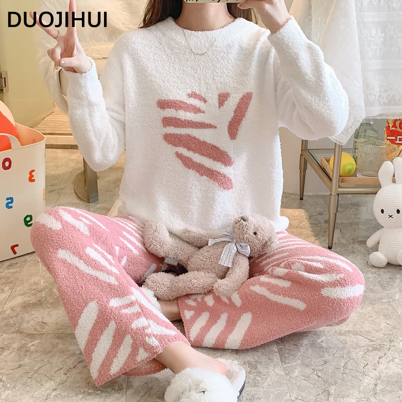 DUOJIHUI Contrast Color Print Casual Home Pajamas for Women Fashion O-neck Pullovers Basic Pants Loose Simple Female Pajamas Set