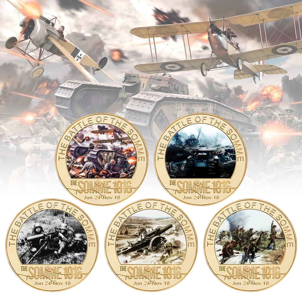 5pcs The Battle of the Somme 1916 Commemorative Coin Set WWI Historical Gold Plated Collectible Military Souvenir