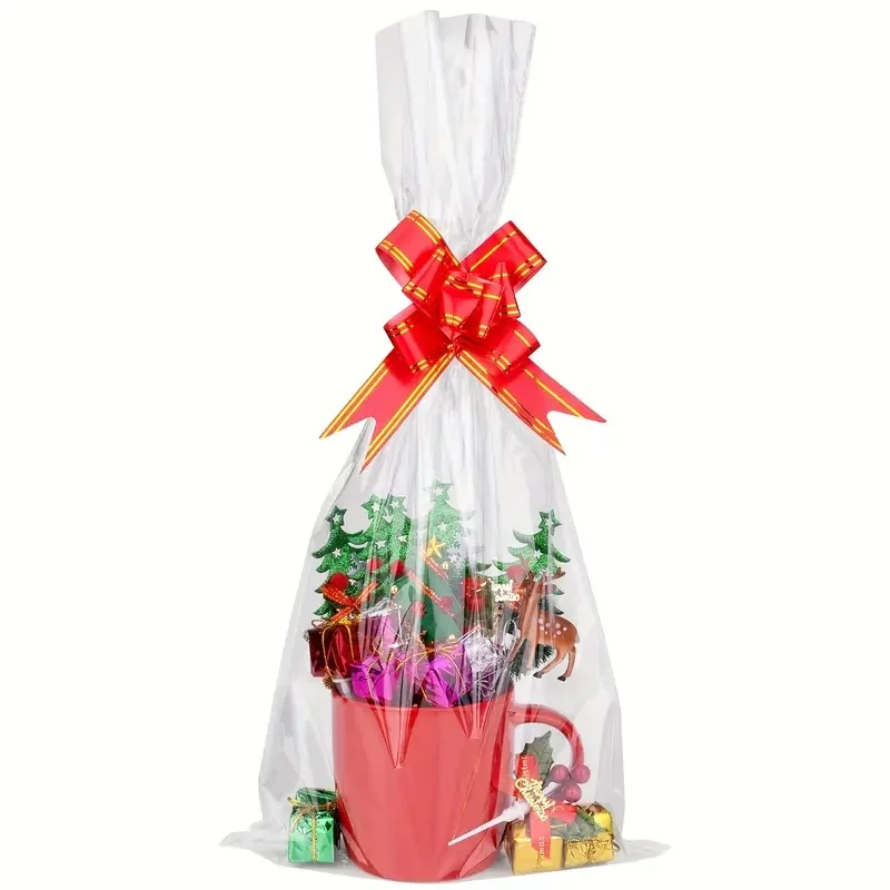 10/20/30 Stück große Geschenktüten aus Zellophan mit buntem Schleifen- und Kordelendesign, ideal zum Verpacken von Obstkörben, für Picknicks im Freien und als Geschenk für Geburtstagsfeiern. – Detail 5