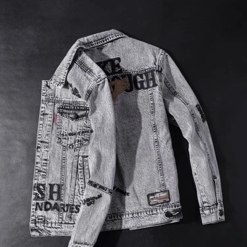 New Smoke Grey Denim Jacket for Men Autumn Embroidered Slim Fit Trendy Brand Youth Jacket Stylish Top view 2