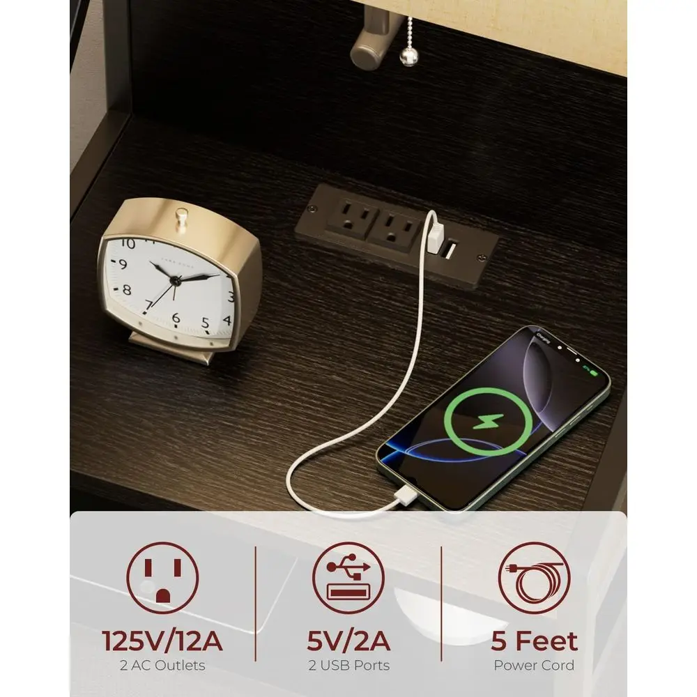 منضدة محطة شحن سوداء مع أدراج قماشية ومنفذ USB ومنافذ لغرفة النوم أو النوم