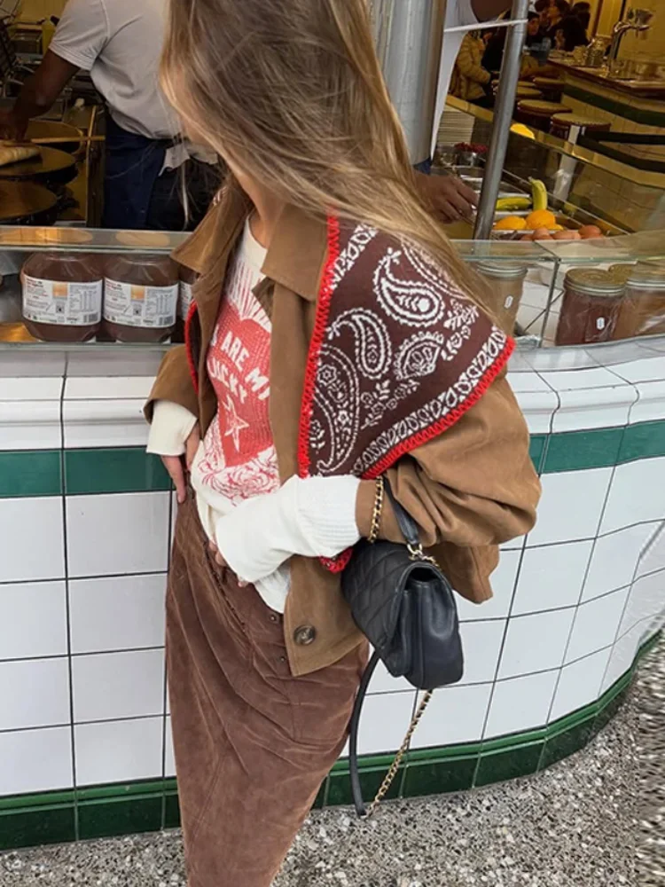 2027 Women Paisley Print Knit Triangle Scarf Contrast Red Edge Decorative Vacation Shawl Fashion Chic Casual Neck Wrap Bandana