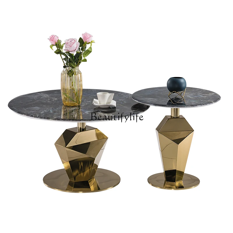 Light luxury marble colored spar stainless steel round small apartment living room coffee table combination