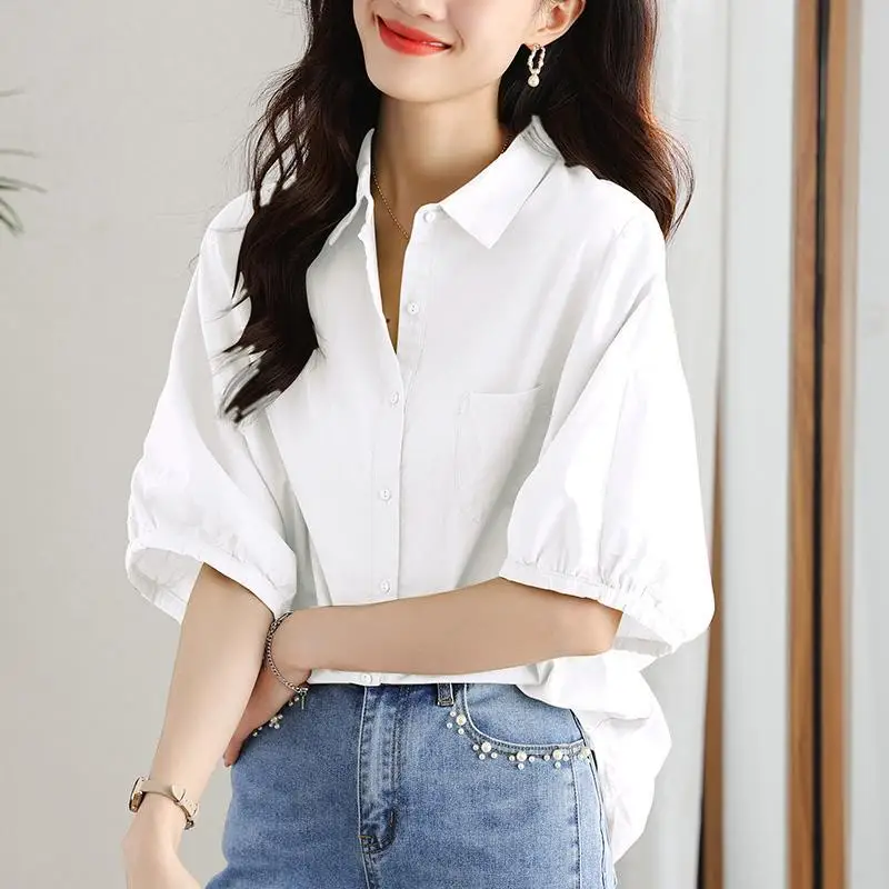 Fashion Single-breasted Blouse Half Sleeve Casual Loose Women\'s Clothing Pockets Spliced Polo-Neck 2024 Summer Solid Color Shirt