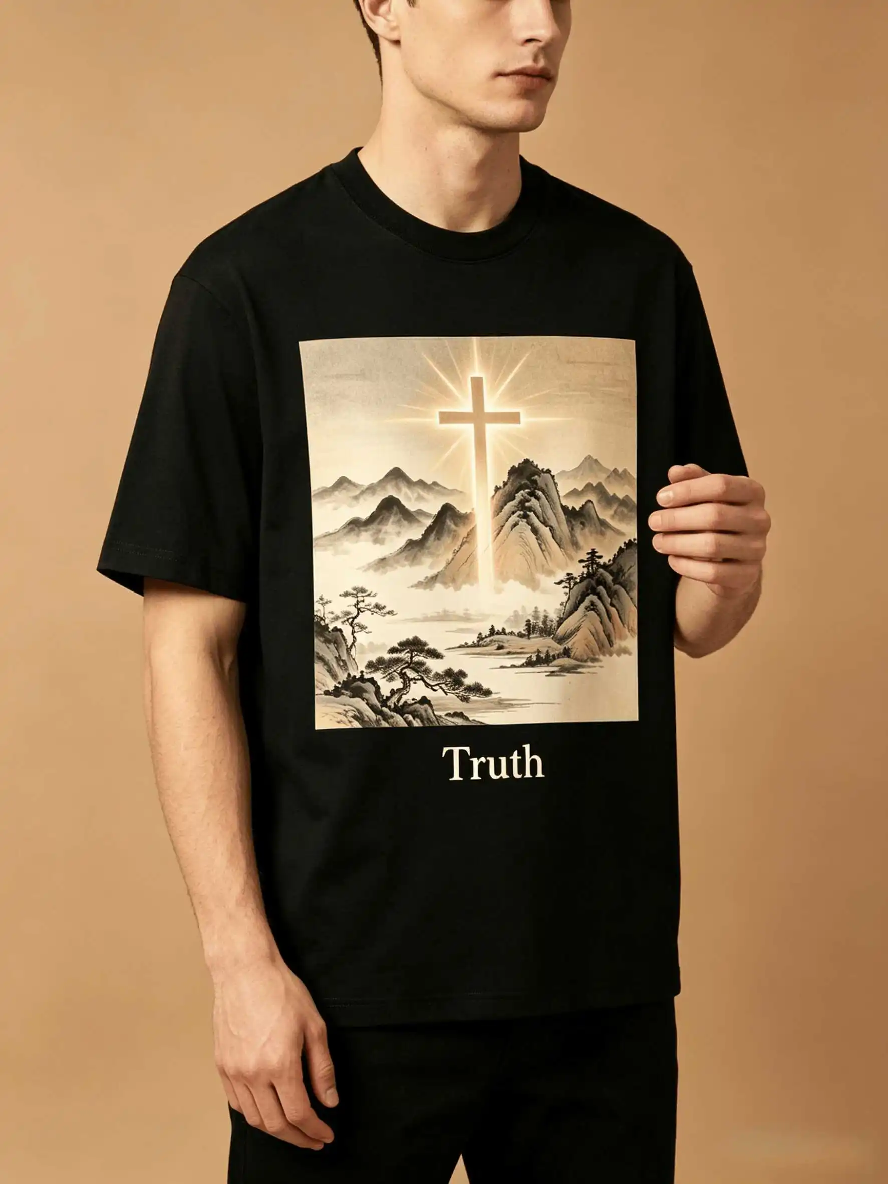 US Local Shipping Summer Cotton Christian Cross Truth Tee Mountain Art Quiet Luxury Gift S-5XL