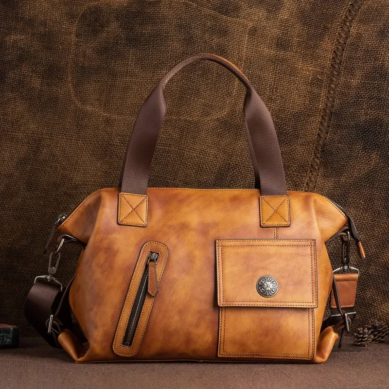 Vintage Men Leather Messenger Bag First Layer Cowhide Crossbody Satchel Large Capacity Travel Shoulder Bag Casual Outdoor
