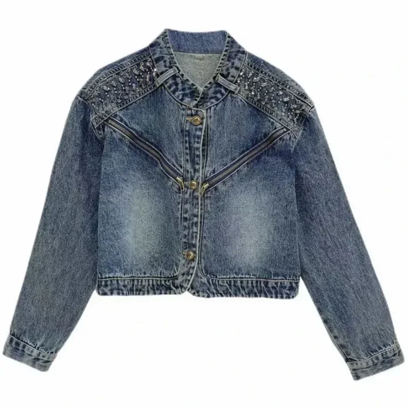 Short Cowgirl Coat Diamond-Encrusted 2024 Women New Denim Jackets Outwear Fashion Spring Autumn Zipper Denim Jacket Female Coats