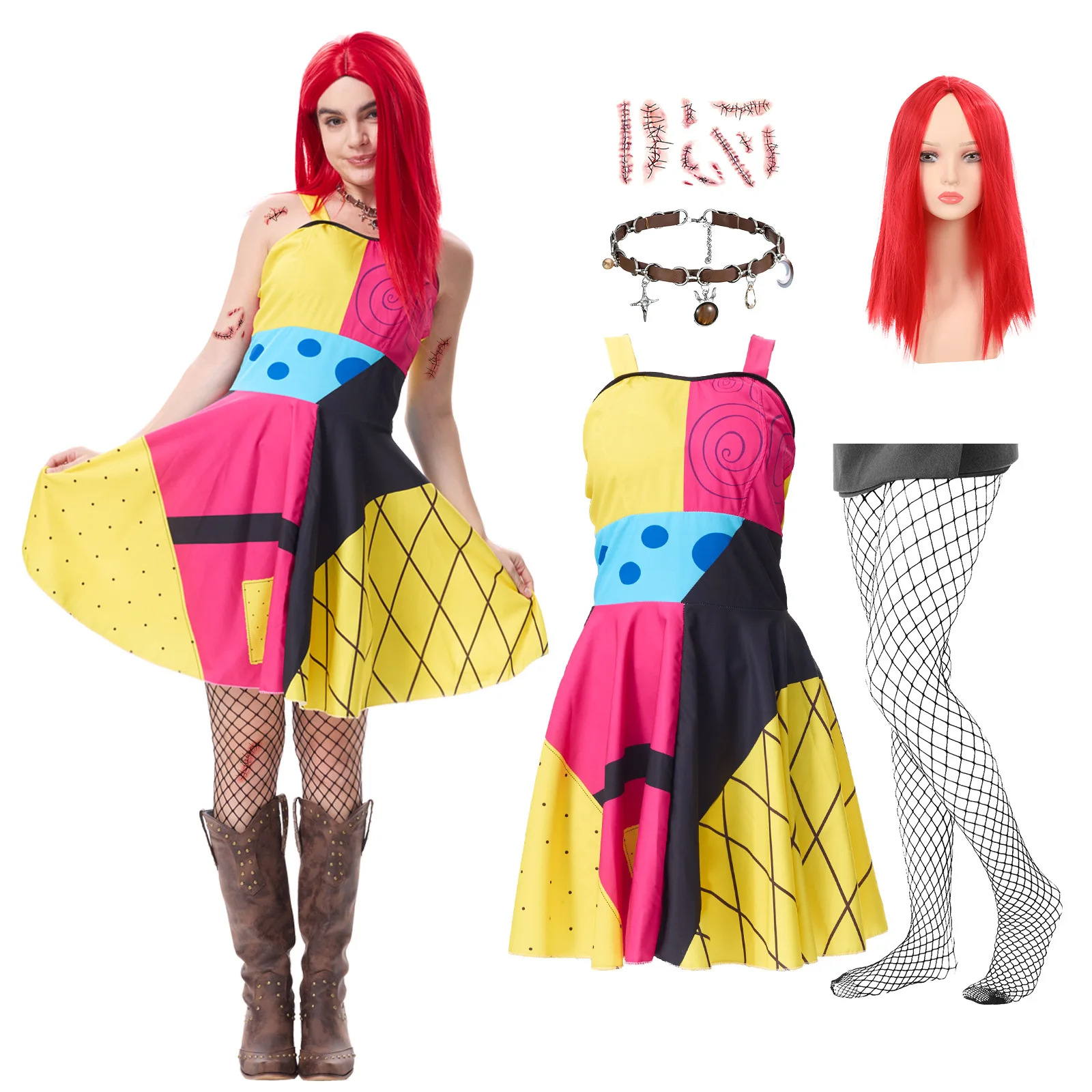 

Halloween Dress Costume Red Wig Christmas Sally Dress Pop Art Cosplay Outfit Suspender Skirt With Fishnet Socks For Adult