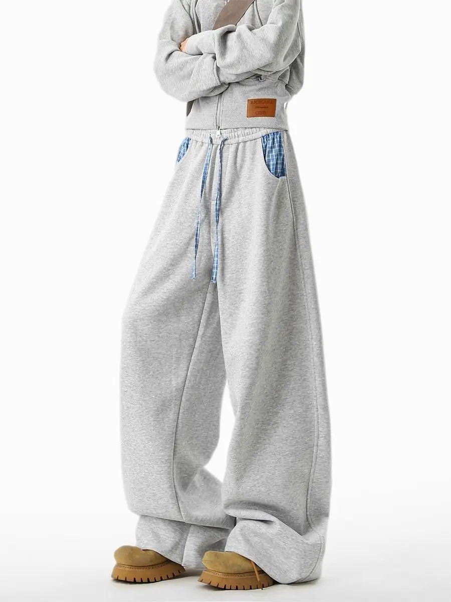 

American Retro Contrasting Color Plaid Splicing Sweatpants Women's 2026 Autumn Loose and Drape Wide-leg Casual Pants