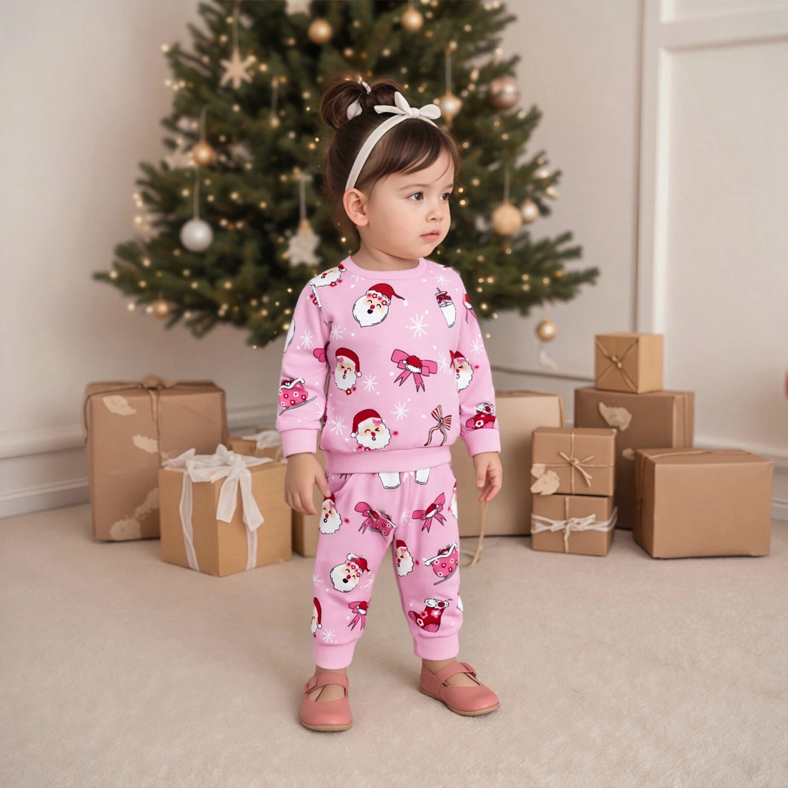 طفلة عيد الميلاد ملابس سانتا ندفة الثلج طباعة طويلة الأكمام جولة الرقبة البلوز + مرونة الخصر السراويل قطعتين مجموعة