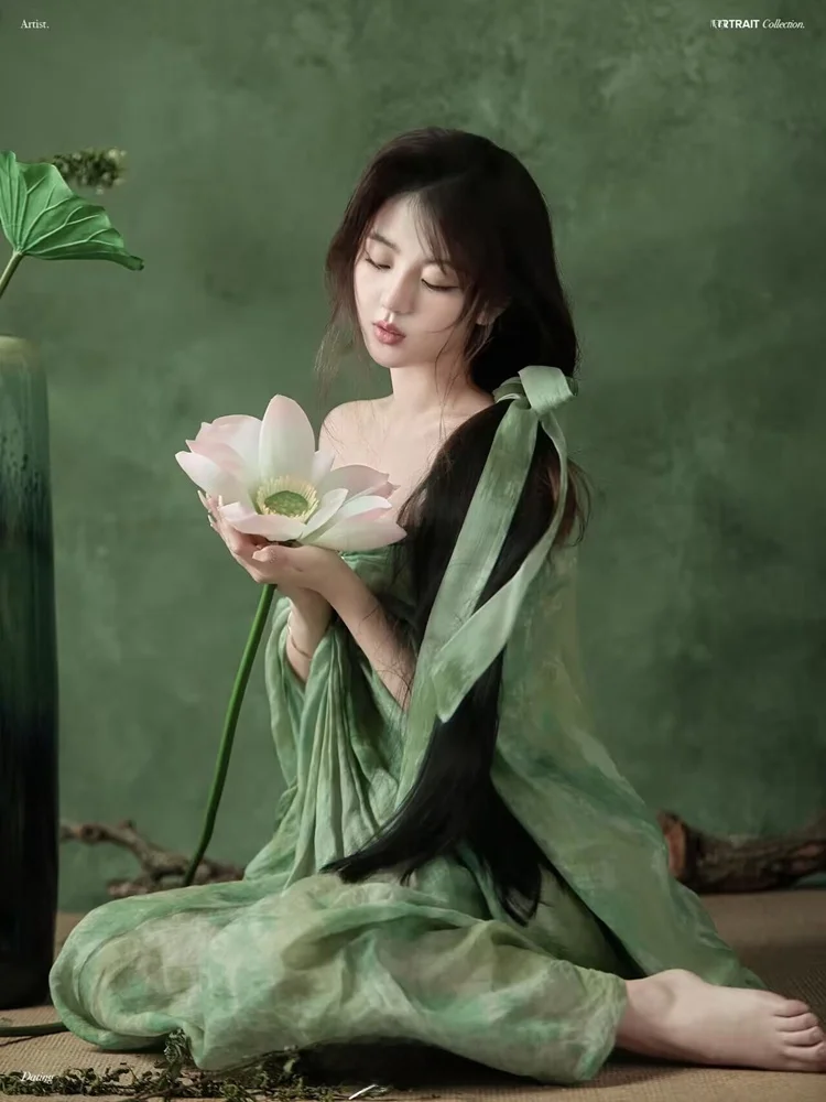 

New Chinese Style Printed Dress V-Neck Green Color Studio Photography Women's Fashion Traditional Hanfu Costume Ethnic Stage ...